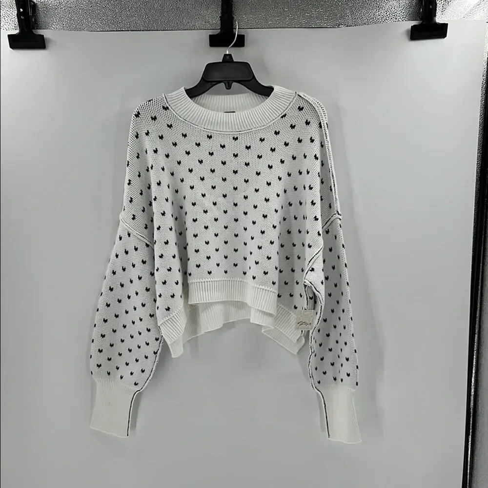 Free People Pattern Easy Street Crop Sweater - White Navy Combo - M - NWT
